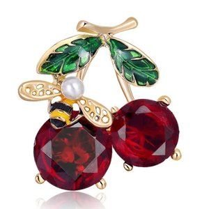 Brooch Cherries with Bee Enamel & Red Rhinestone Gold Tone